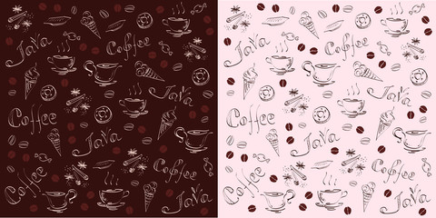 Coffee pattern set two color background hand drawing vector art design