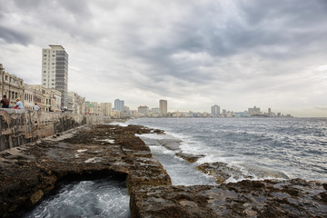 panoramic view of the Havana skyline and the famous seaside Malecon avenue