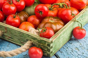 Set of different sorts of ripe tomatoes in the wooden tray