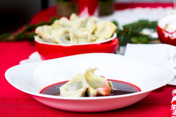 red borscht with dumplings