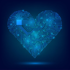 Electronic heart with a glowing microcircuit, love, technology, futuristic cardiology