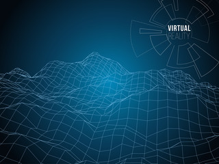 Wireframe polygonal landscape. Digital 3d terrain. Vector illustration.