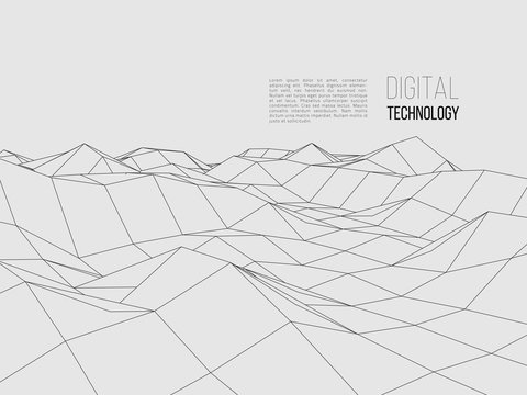 Wireframe Polygonal Landscape. Digital 3d Terrain. Vector Illustration.