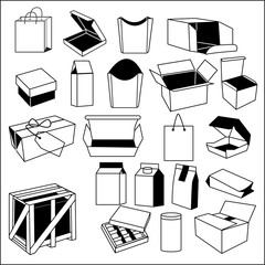 Different types of packages box crate bag cylinder drawer.