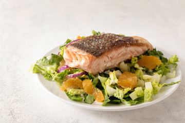 juicy fried salmon fillet with crispy crust on salad with tangerines, bright background with copy space