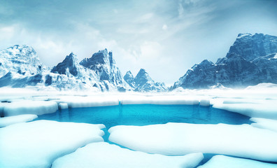 cracked ice floe pieces with big mountains behind background, global warming and environmental conditions 3D illustration render
