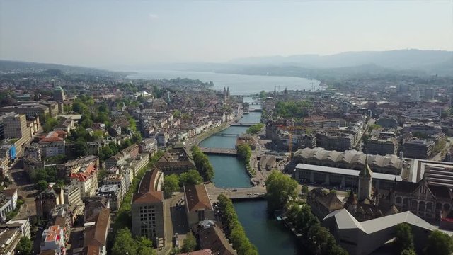 sunny sky zurich cityscape center river aerial panorama 4k switzerland
