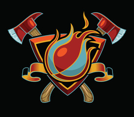 Flaming Basketball on Shield with Crossed Firefighter Axes