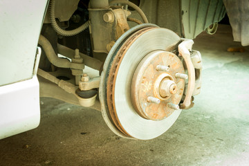 Car disc brake showing rotor and brake caliper, Car service.