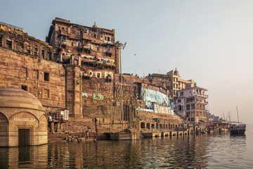 Varanasi, Uttar Pradesh, India. A view from River Ganges of Old Historical Varanasi city