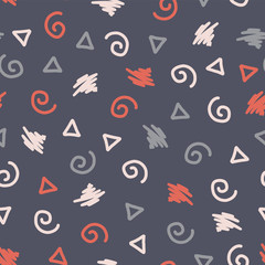 Memphis style shapes seamless vector background. Modern abstract pattern. Twirls, triangle, scribble blue, red, white for fabric, wallpaper, men, boy, wallpaper, gift wrap, web banner, page fill, card