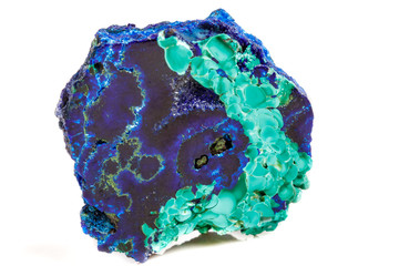 Macro mineral stone malachite with azurite on white background