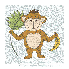 Playful vector card with doodle hand drawn a monkey, bananas and palm leaves.