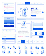 Ready to use user interface,UI layout kit with modern isometric people characters.Responsive website,landing page,mobile web online shopping concept.Site buttons,fields,elements,isometrics icons