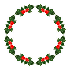 Vector Christmas round frame with red berry and green leaf