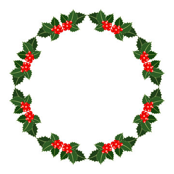 Vector Christmas round frame with red berry and green leaf
