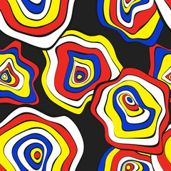 Hand Drawn Wavy Circles. Abstract Seamless Background in Ethnic Style. Vector Psychedelic Pattern with Deformed Rounds. Wave Seamless Pattern for Fabric, Textile, Cloth Design. Distortion, Spots.