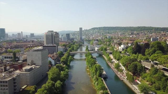 sunny day zurich city center riverside aerial panorama 4k switzerland 
