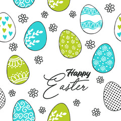 Happy Easter. Cute seamless pattern with eggs. Hand Drawn vector illustration. Wrapping paper pattern. Background with abstract elements. 