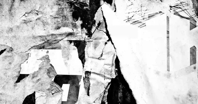 Old ripped torn posters black and white abstract grunge texture wall  backdrop placard / Seamless collage paper slideshow background 