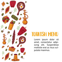 Modern sketch Turkish menu banner sketch with Kebab, Dolma, Shakshuka, shisha. Freehand vector doodles isolated on dark background