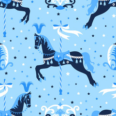 Blue carousel horse seamless pattern.