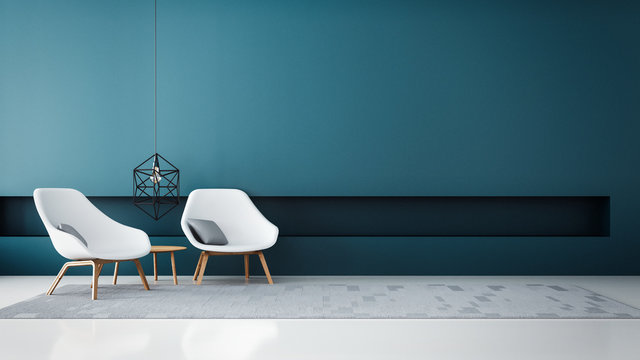 chair & Blue wall modern living room / 3D render interior