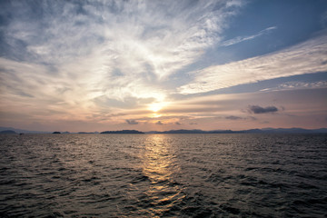 Silhouette beautiful Sunrise between mountain in phang nga bay thailand