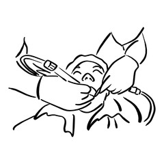 Close-up of patient with open mouth during oral checkup at the dentist vector illustration sketch doodle hand drawn with black lines isolated on white background