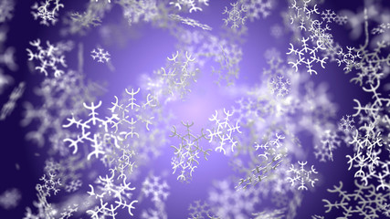 Christmas and new year's eve holidays background of white winter snowflake 3D render. Snowflake on purple background.