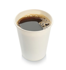 Aromatic coffee in takeaway paper cup on white background. Space for design