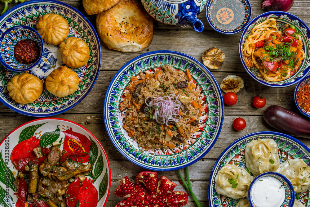 Canvas Prints dishes of uzbek cuisine lagman, pilaf, manti