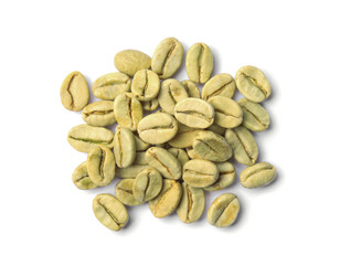 Green coffee beans on white background, top view