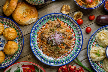 dishes of Uzbek cuisine lagman, pilaf, manti