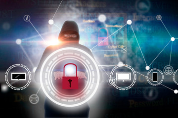 Hacker stealing information. Computer hacking concept. Network security. Computer crimen. Danger of hack attack