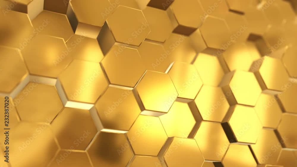 Poster abstract seamless loop animation background made of shining golden hexagons
