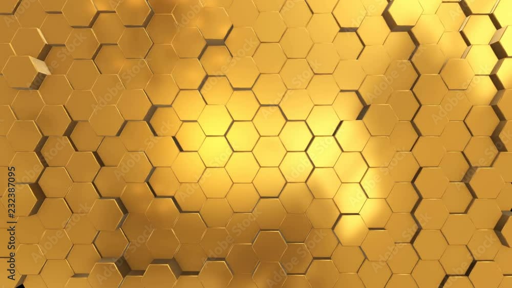 Poster abstract seamless loop animation background made of shining golden hexagons