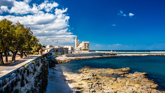 The beautiful Romanesque Cathedral Basilica of San Nicola Pellegrino, in Trani. Construction in limestone tuff stone, pink and white. A pointed arch under the bell tower. In Puglia, Bari, Barletta