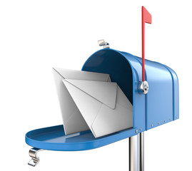 Mailbox and Mail. Blue Mailbox, open with 2 envelopes. Isolated on white background. 3D render.