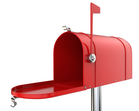 Mailbox. Classic Mailbox, open and empty. Red and isolated on white background. 3D render.