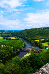 The Dordogne River and valley countryside as seen from the medieval fortress of Castelnaud la Chapelle, France