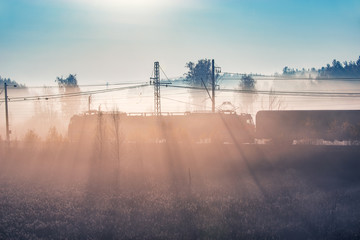 Freight train approaches to the station at foggy autumn day time.