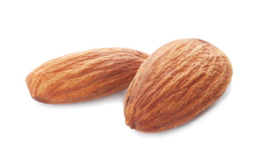 Organic almond nuts on white background. Healthy snack