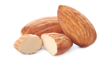 Organic almond nuts on white background. Healthy snack