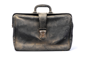 Leather retro briefcase, view in front, black color, flapover, isolated on white background with...