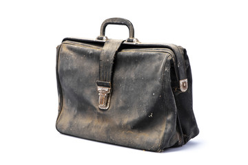 Retro business briefcase covered with dust, black leather flapover, isolated on white background with shadow, angle view