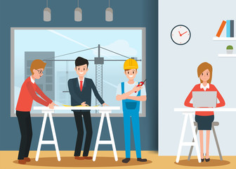 Engineer and mechanics and technician people worker teamwork in office. industry character vector design.