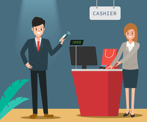 Young caucasian man paying wireless with his smartphone. Cashier accepting payment for purchase with a smartphone. Vector cartoon illustration.