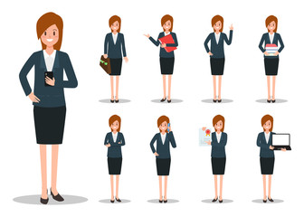 Businesswoman working character set vector design. Cartoon animated character.