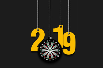 2019 New Year and dartboard hanging on strings